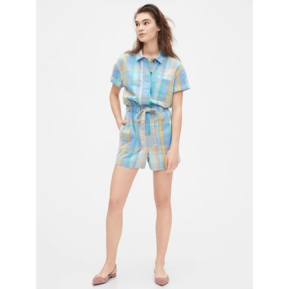 Gap Plaid Short Sleeve Romper Drawstring Waist Pockets Pastel 14 Cotton